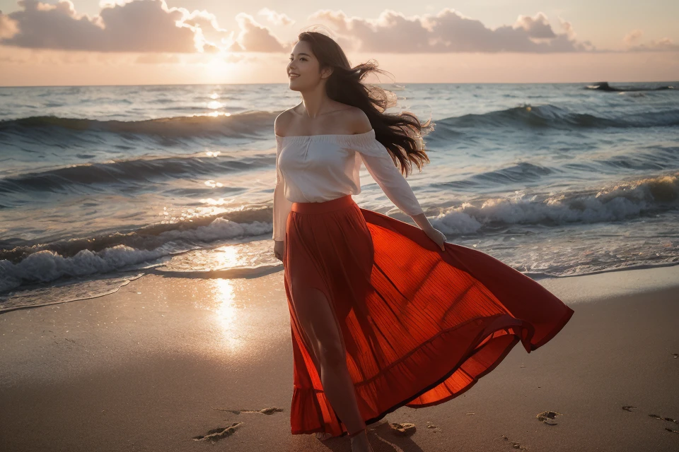 (8k,RAW photo,best quality,masterpiece:1.2),(realistic, photorealistic:1.4),ultra-high resolution,photon mapping,radiosity,((Hasselblad photography)),physics-based rendering,1980s \(style\),(full body:1.4),
A beautiful girl is running on the beach, holding up her long skirt with both hands. The waves are washing over her bare feet, and the sea breeze is blowing her long hair. The setting sun is illuminating her smiling face, and the gorgeous evening glow is painting the sky red. This is a vibrant youth, this is a wonderful time of life.
layered jewelry, (1980s dress,(long skirt:1.2)),(short sleeves,off shoulder:1.1) (Short Sleeves,off shoulder:1.1) (Short Sleeves,off shoulder:1.1) ,(natural skin texture, realistic eye and face details:1.1),good hands,fix,good feet,<lora:faceA-05:0.6>,
professional soft lighting,light in face,This scene should be shot on 35mm film,with a nice depth of field and a slightly blurred,nostalgic background,film portrait photography,35mm film,filmg,<lora:FilmG2:0.6>,Bokeh:1.2,
