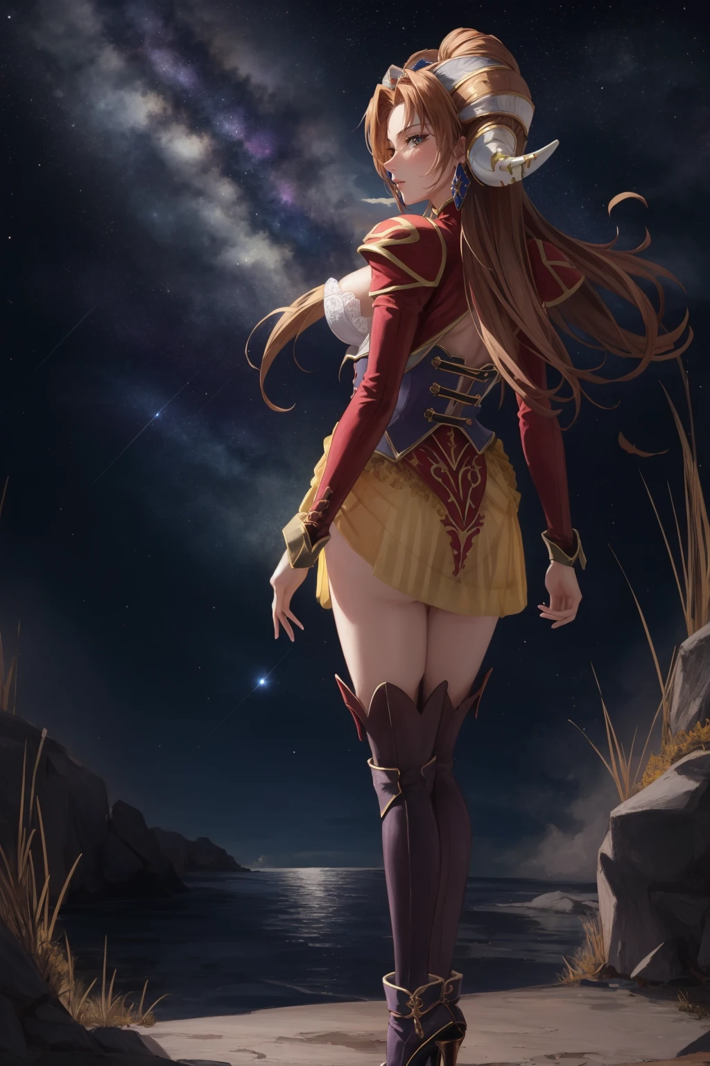 masterpiece, best quality, millenia, fake horns, red jacket, cleavage, corset, skirt, red thighhighs, high heels, see-through, from behind, looking at viewer, night sky, stars<lora:millenia-nvwls-v1-000012:0.9>