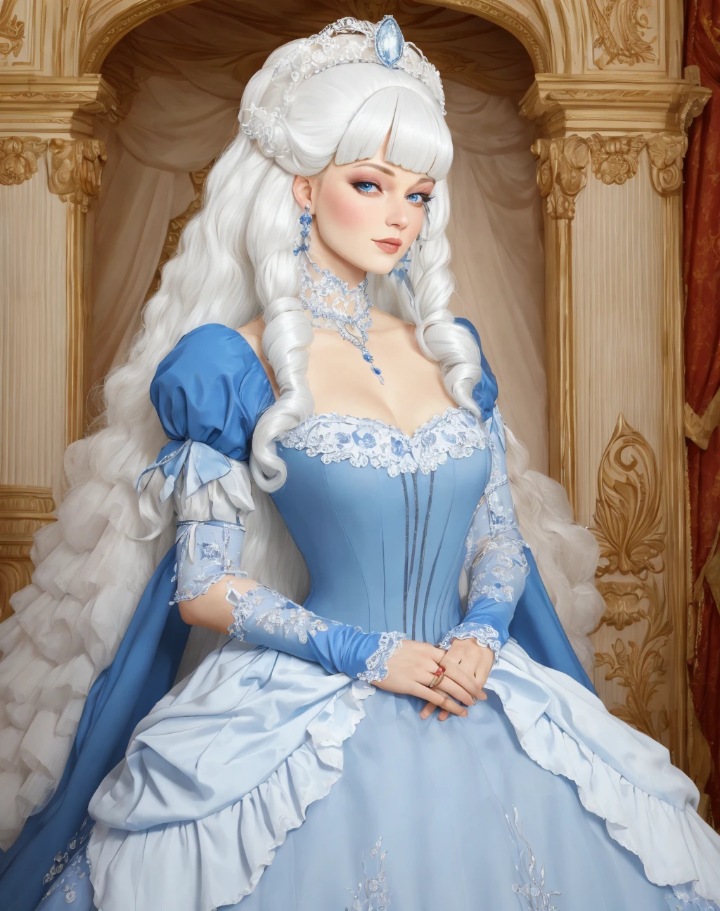 4K, Masterpiece, highres, absurdres,
ballgown,edgMarquise, a woman with a white wig and a blue gown,with a edgMarquise_hairstyle,ballgown
<lora:MarquiseGown:1>