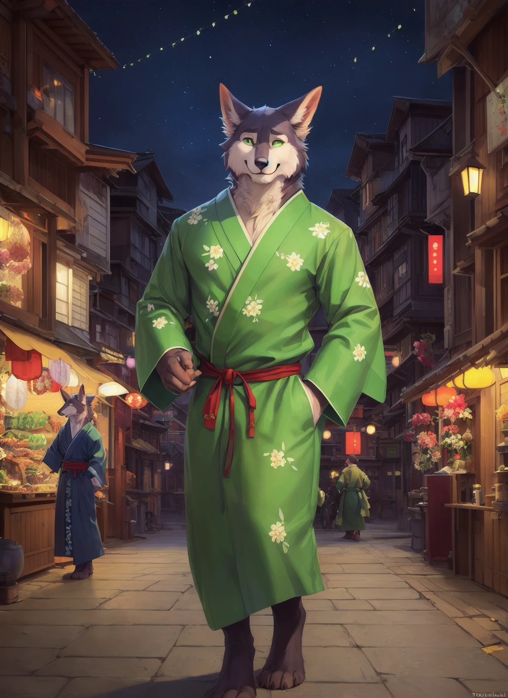 shoichi, <lora:shoichi-09:0.7>,  uploaded on e621, by Pixelsketcher, by Bayard Wu, by Thomas Benjamin Kennington , by Einshelm, solo, adult, full body, street, night, festival, Japanese festival, green eyes, detailed background, green yukata, smile, food stands, wagashi, (green yukata with flower pattern), ((green yukata)), ((green clothes))