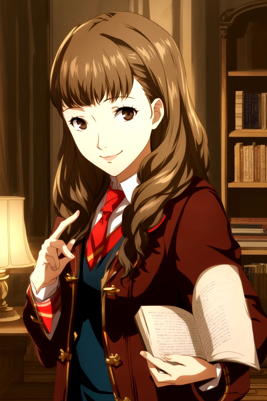 ((cowboy shot)), 1girl, book, bookshelf, brown eyes, brown hair, copyright name, holding, holding wand, indoors, lamp, long sleeves, necktie, red necktie, robe, school uniform, smile, solo, standing, upper body, wand, wavy hair, ((hermione granger)), highres,
(((masterpiece))), (highest quality), best quality, highres, (intricate details), 8K, extremely detailed, ((perfect face)), <lyco:Persona Lycoris-000036:0.8>