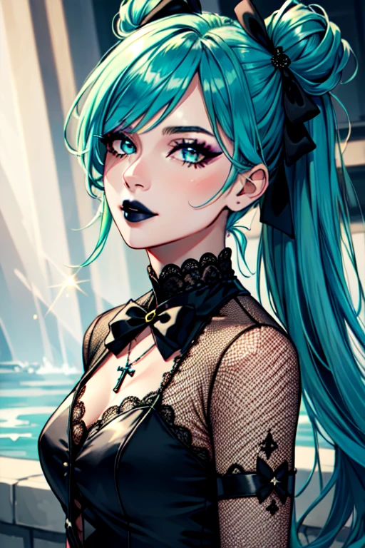 masterpiece, best quality,  1girl,  solo, long hair, twin tails, hair buns, green hair,bangs,  makeup, black lips, lipstick, mascara, eyeshadow,  cross necklace, hair bow, front bow,  lace jacket, sexy, lace gloves, fishnets, black leggings, gothic attire, dynamic angle, side lighting, shiny skin, detailed eyes, detailed face, water flowing, wind swept hair, glitter ,