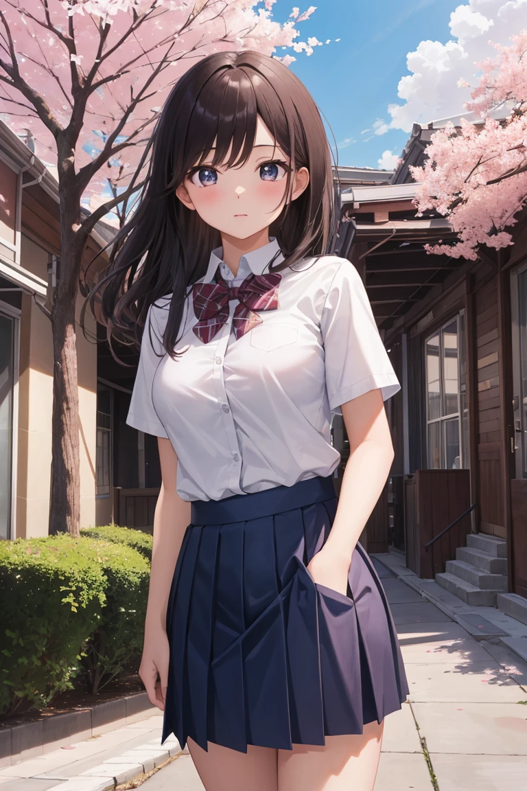 masterpiece, best quality, high resolution, extremely detailed, detailed background, cinematic lighting, 1girl, cute, medium breasts, school uniform, skirtlift, public indecency, looking at viewer, buildings, outdoor, cherry blossoms, bokeh,