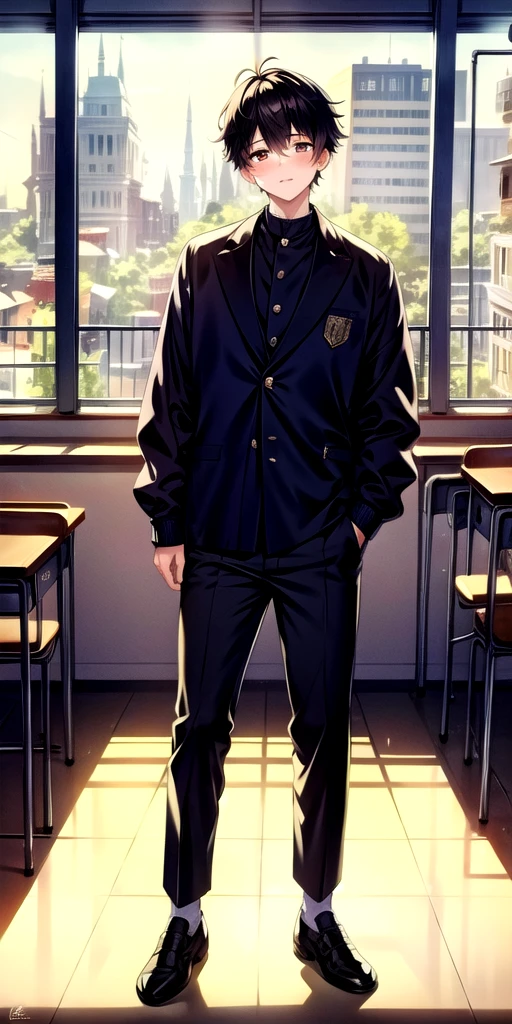 masterpiece, 4k, high quality, highly detailed, detailed face, HDR, in school, school, 1boy, pants, oversized clothes
