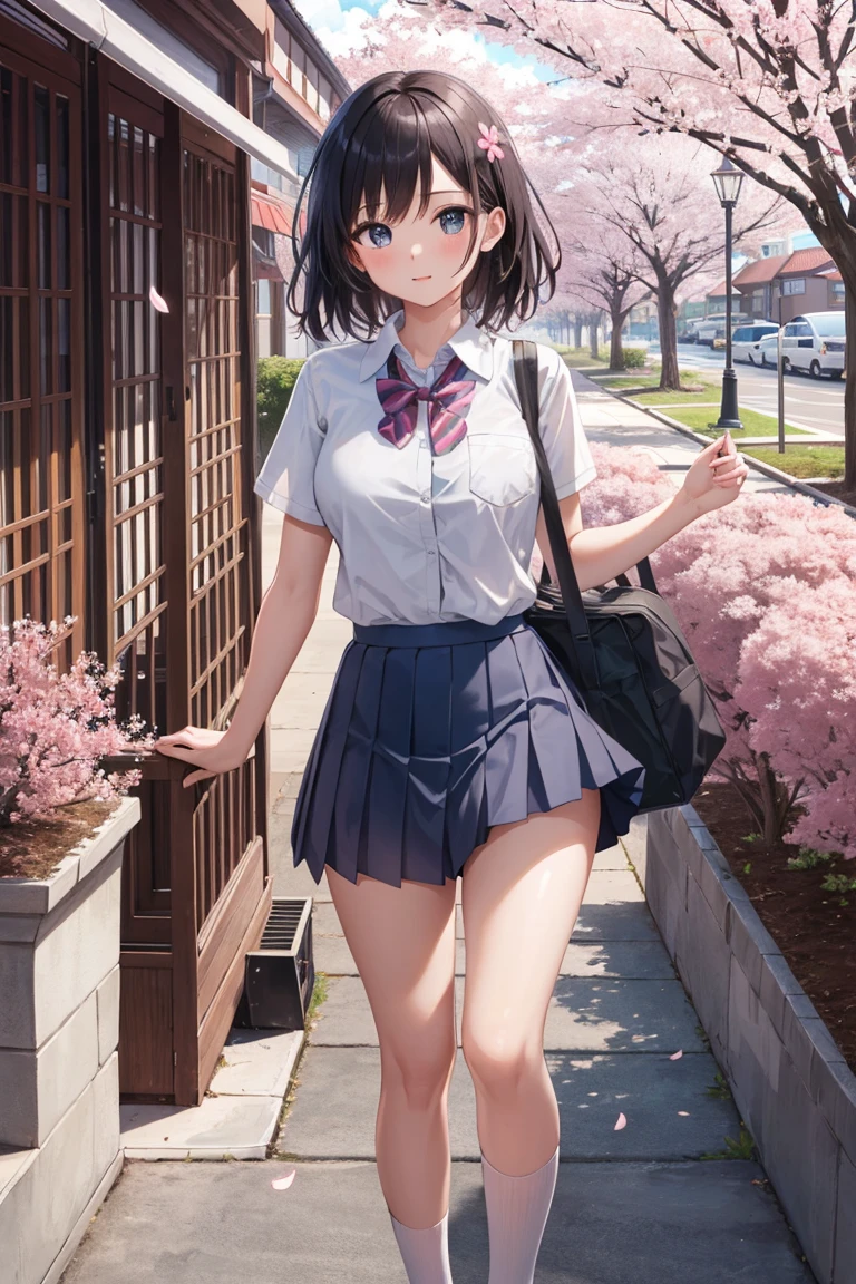 masterpiece, best quality, high resolution, extremely detailed, detailed background, cinematic lighting, 1girl, cute, medium breasts, school uniform, skirtlift, public indecency, looking at viewer, buildings, outdoor, cherry blossoms, bokeh,