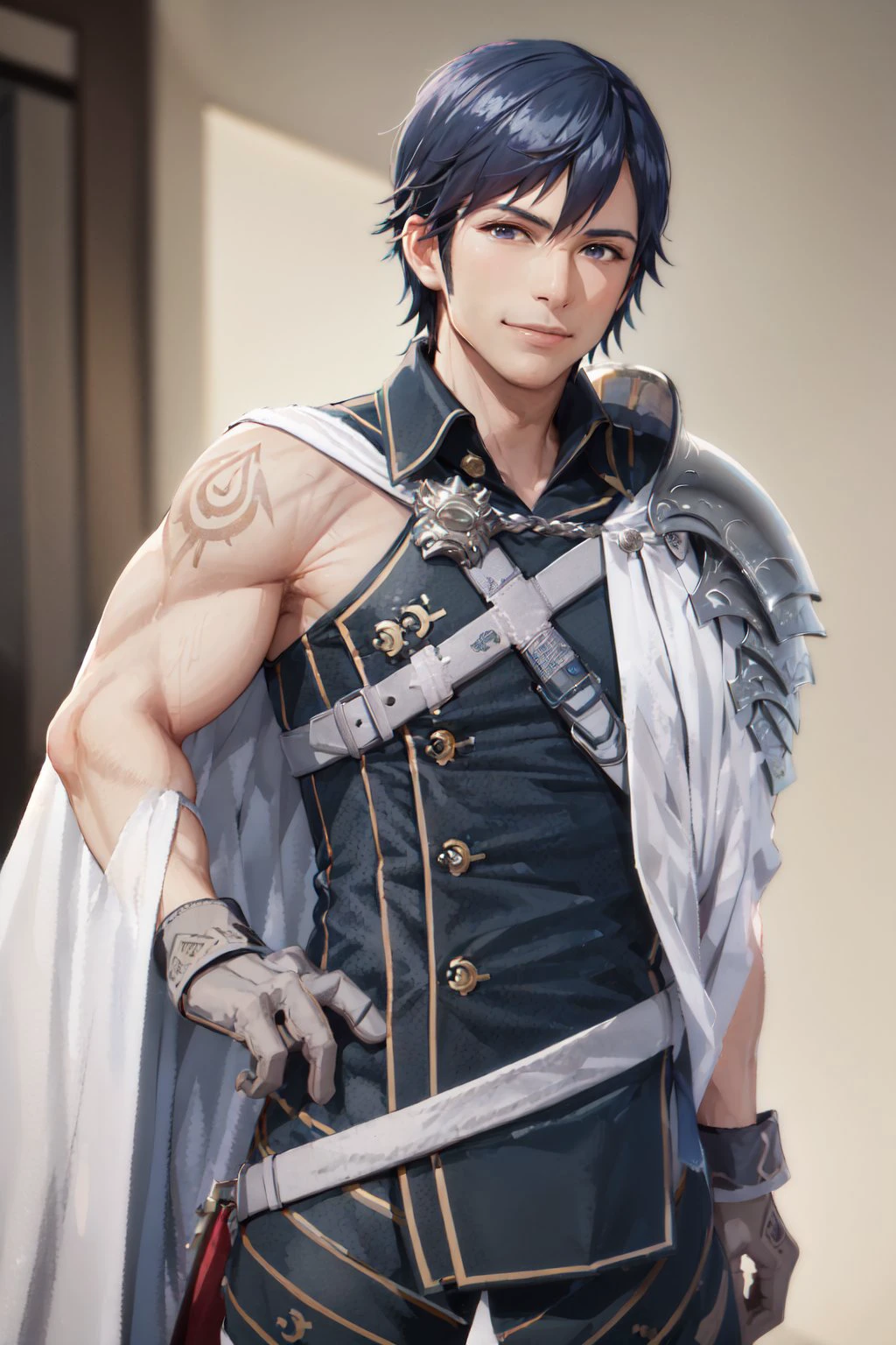 (masterpiece, best quality:1.2), <lora:fireemblem_chrom-10:1>, tattoo, cowboy shot, solo, male focus, 1boy, chrom, smile, looking at viewer, armor, cape