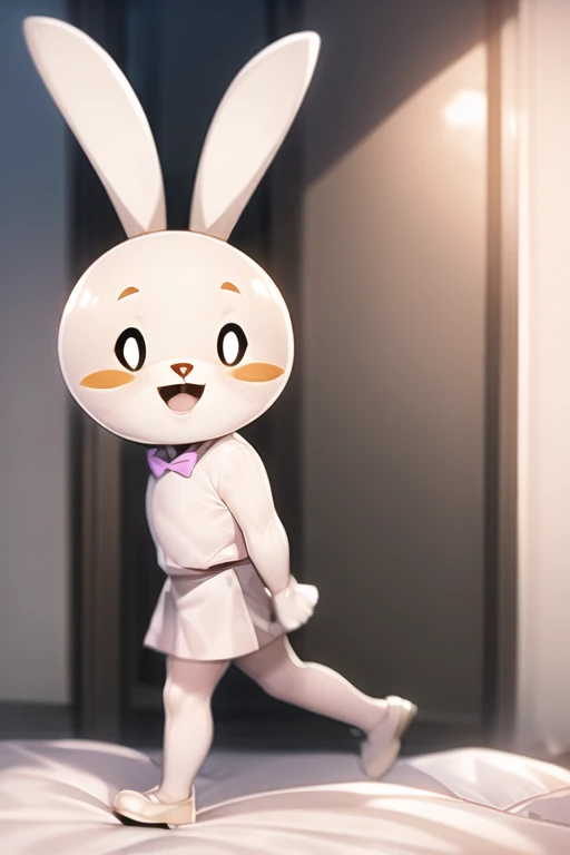 tsidoki, white eyes, rabbit ears, blush stickers, body fur, white fur, pink bowtie, white shirt, white skirt, walking, happy, bedroom <lora:Doki-v2:1>