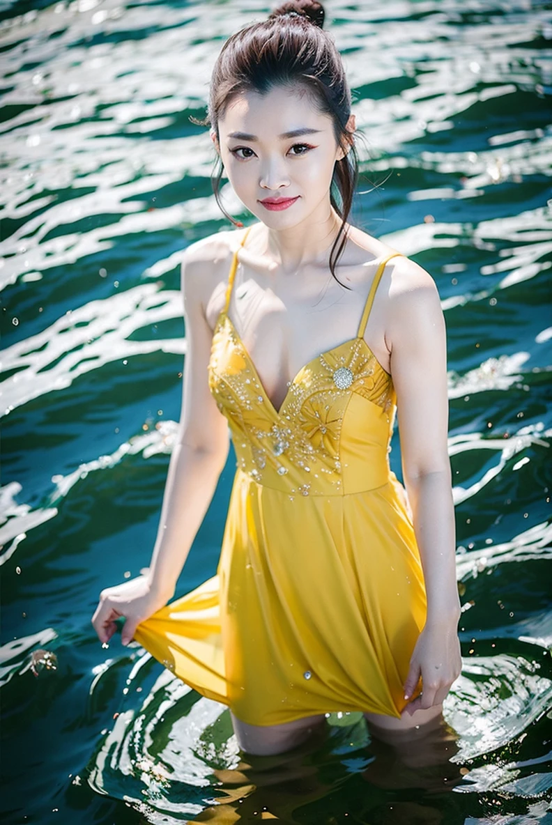 songyi, chineseidol, 1girl, solo,flat chest,standing in the middle of water, wet yellow dress, upper body, night,