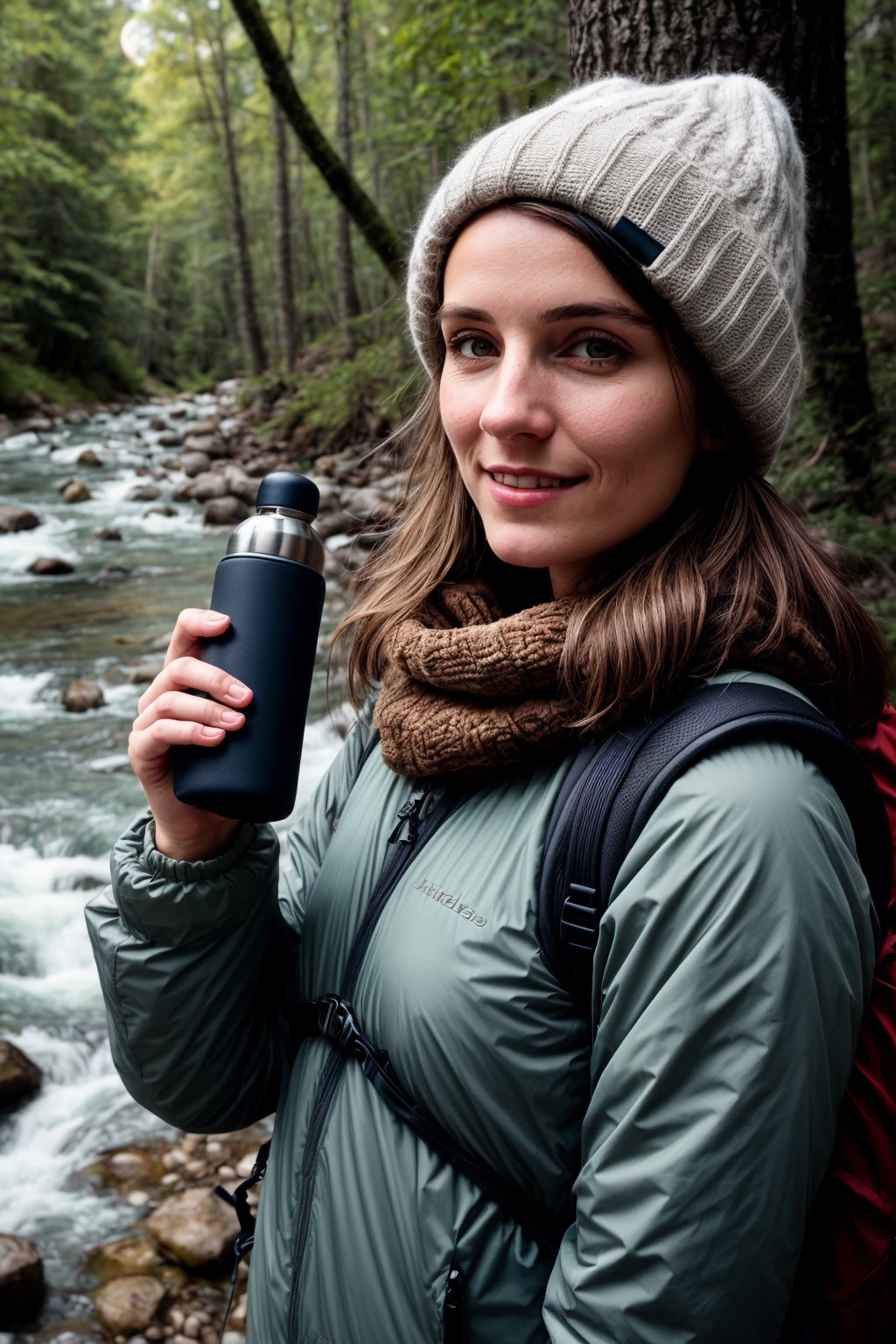 1 woman((upper body selfie, happy)), masterpiece, best quality, ultra-detailed, solo, outdoors, (night), mountains, nature, (stars, moon) cheerful, happy, backpack, sleeping bag, camping stove, water bottle, mountain boots, gloves, sweater, hat, flashlight, forest, rocks, river, wood, smoke, shadows, contrast, clear sky, analog style (look at viewer:1.2) (skin texture) (film grain:1.3), (warm hue, warm tone)
:1.2), close up, cinematic light, sidelighting, ultra high res, best shadow, RAW, upper body