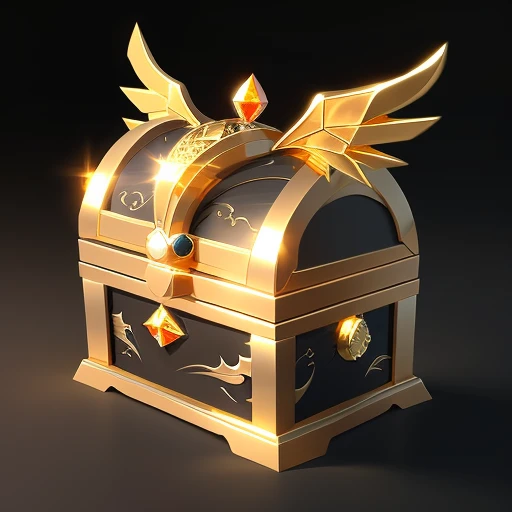 Simple structure, best quality symmetry, fantasy, a treasure chest with a pair of wings on the body, realistic, black background, (gem), dragon pattern, winding, ribbon, rose, gold coin, gold <lora:GameIconResearch_chest Lora:1>