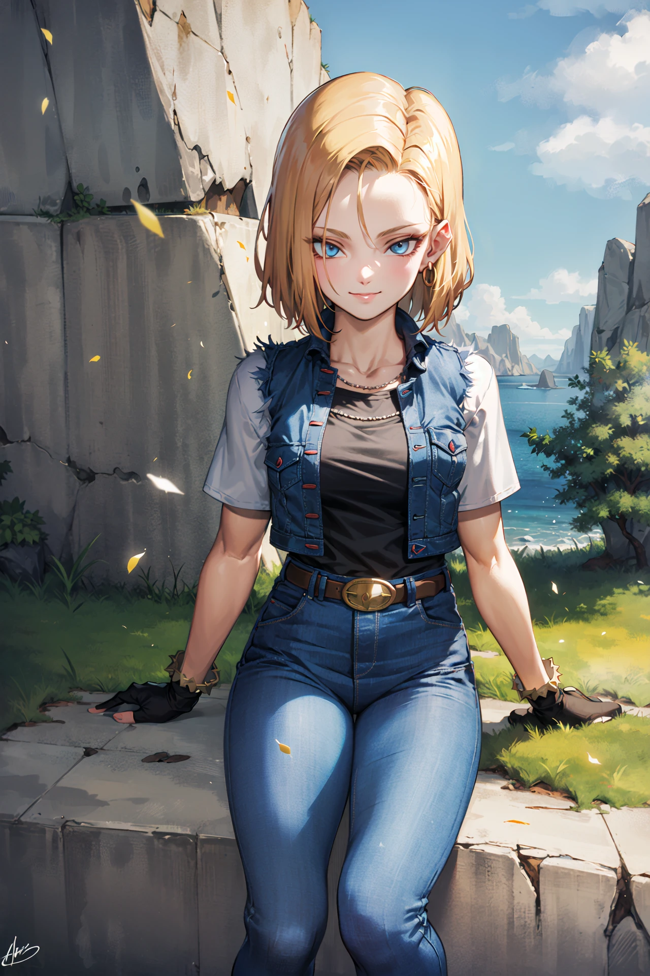 masterpiece, best quality, ultra-detailed, absurdres, Portrait of beautiful Android18DB, solo, earrings, jewelry, denim, smile, belt, vest, cloud, sky, day, pants, outdoors, gloves, necklace, jeans, rock, sitting, sitting_on_rock, volumetric lighting, best quality, masterpiece, intricate details, tonemapping, sharp focus, hyper detailed, trending on Artstation, <lora:Android18DB:1>