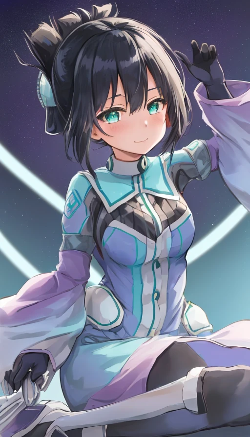 <lora:Washio_Sumi-10:1>,Washio Sumi,,masterpiece, best quality, 1girl,solo,black hair,gloves,turquoise eyes, purple gloves, bodysuit, short hair, wide sleeves,folded ponytail, (side hair ornament), magical girl,between eyes,magical girl,wide sleeves, blue dress,wide sleeves,green stripes