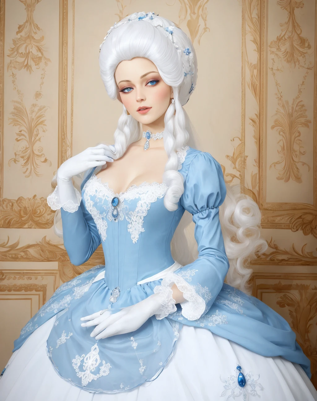 4K, Masterpiece, highres, absurdres,
[ballgown|edgMarquise], a woman with a white wig and a blue gown,with a edgMarquise_hairstyle,ballgown
 <lora:MarquiseGown:1>