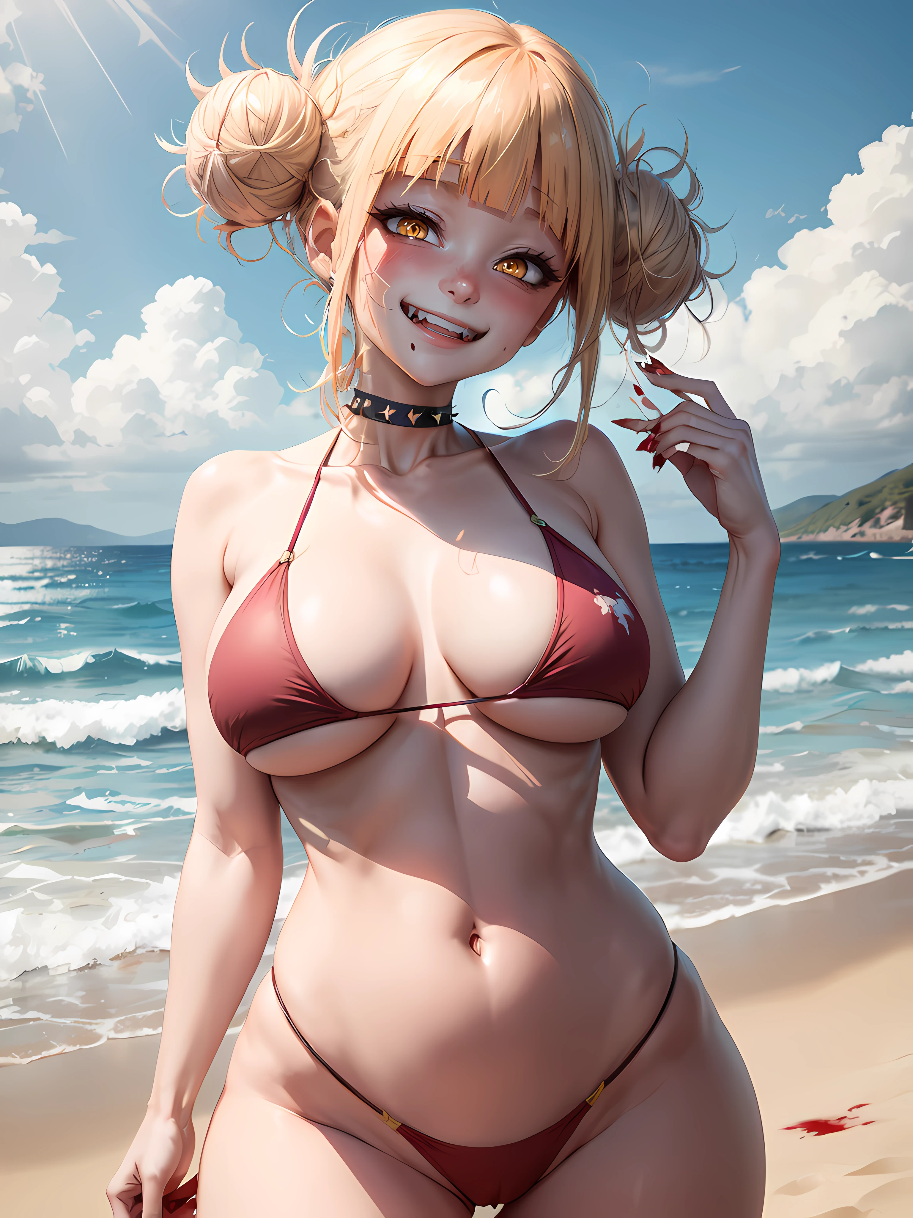 masterpiece, top quality, best quality, 1girl, <lora:TogaHimiko:1>, Toga, (fangs), (unusual pupils), (smile), messy hair, (spikey choker), crazy blushing,