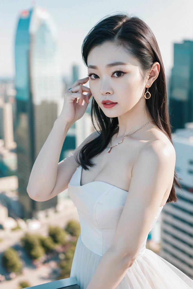 songyi, chineseidol, 1girl, flat chest,  cowboy shot, 
(Photo shot from above of a beautiful standing girl at the corner of a high-rise building, who is watching an awe-inspiring long exposure shot of the city at night with a dramatic contrast between the dark sky and the brightly lit cityscape, trending on Artstation)
masterpiece, best quality, realistic, photo-realistic, RAW photo, extremely detailed CG unity 8k wallpaper,