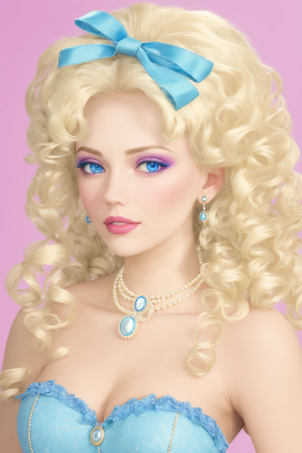 4K, Masterpiece, highres, absurdres,  
1girl, solo, looking at viewer, blue eyes, blonde hair, ribbon, jewelry, hair ribbon, necklace, makeup, lipstick, portrait, eyeshadow, curly hair, realistic, pearl necklace, with edgMarquise hairstyle, 
 <lora:edgMarquise:1>