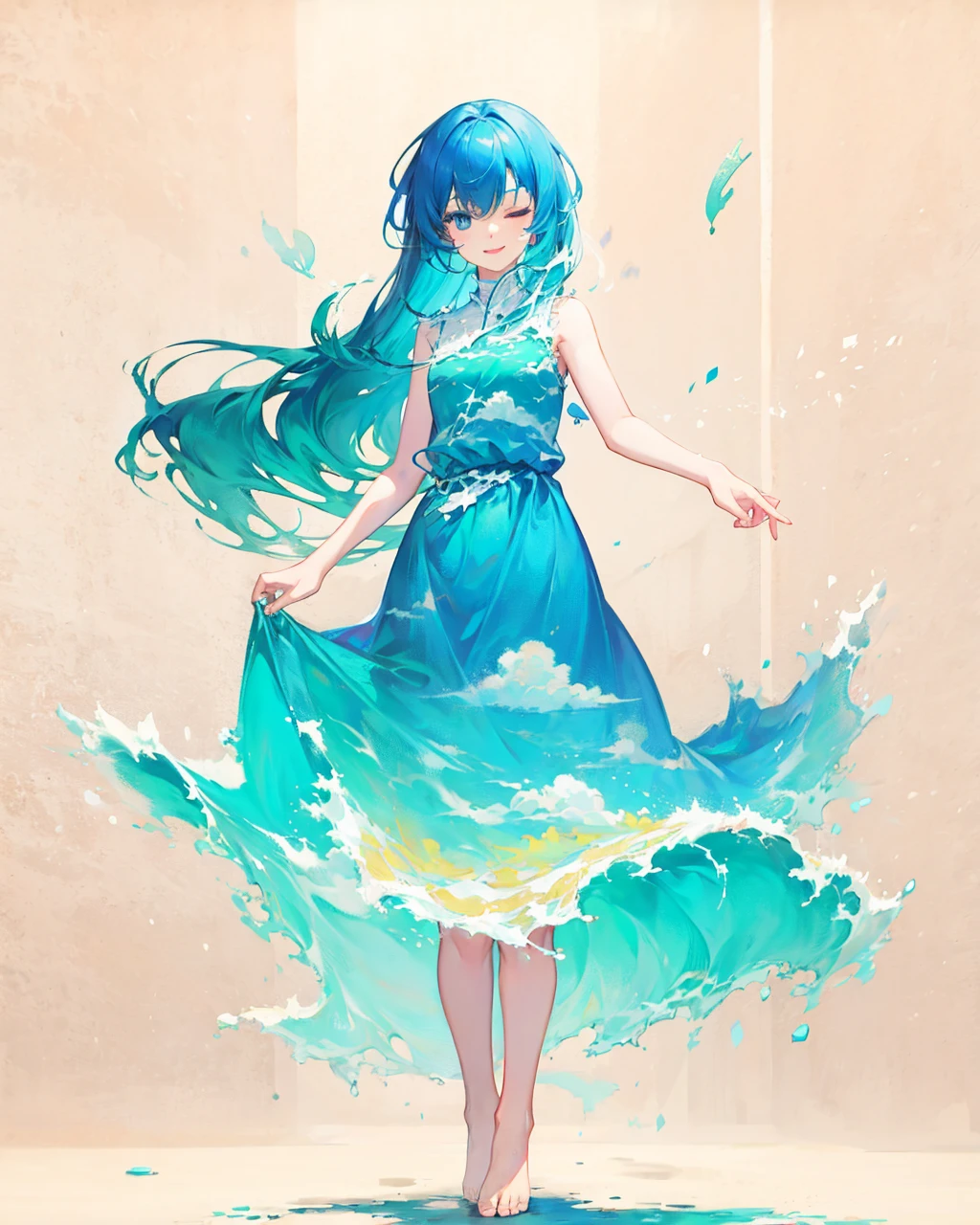 liquid clothes, 1girl, solo, long hair, dress, barefoot, blue hair, one eye closed, blue eyes, cloud, very long hair, sky print, blue dress, standing, sleeveless, looking at viewer, smile, <lora:LiquidClothesV1:1>,