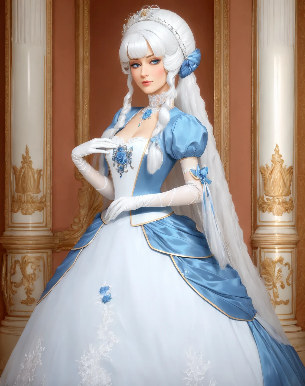 4K, Masterpiece, highres, absurdres,
[ballgown|edgMarquise], a woman with a white wig and a blue gown,with a edgMarquise_hairstyle,ballgown
 <lora:MarquiseGown:1>