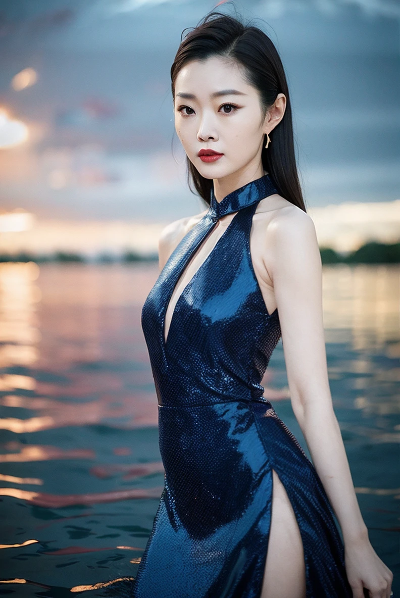 songyi, chineseidol, 1girl, solo,flat chest, (night:1.33), standing in the middle of water, wet blue dress, upper body, dark sky,