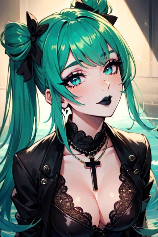 masterpiece, best quality, 1girl, solo, long hair, twin tails, hair buns, green hair,bangs, makeup, black lips, lipstick, mascara, eyeshadow, cross necklace, hair bow, front bow, lace jacket, sexy, lace gloves, fishnets, black leggings, gothic attire, dynamic angle, side lighting, shiny skin, detailed eyes, detailed face, water flowing, wind swept hair, glitter ,