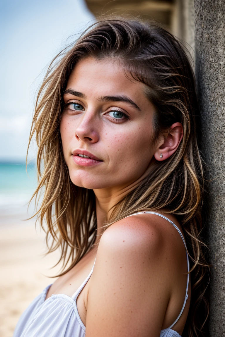 realistic photo, a realistic photo of 18yo girl in a sundress, blonde hair, beach, (1girl), (extremely detailed CG unity 8k wallpaper), photo of the most beautiful artwork in the world, professional majestic (photography by Steve McCurry), 8k uhd, dslr, soft lighting, high quality, film grain, Fujifilm XT3 sharp focus, f 5.6, High Detail, Sharp focus, dramatic, (looking at viewer:1.2), (detailed pupils:1.3), (natural light),