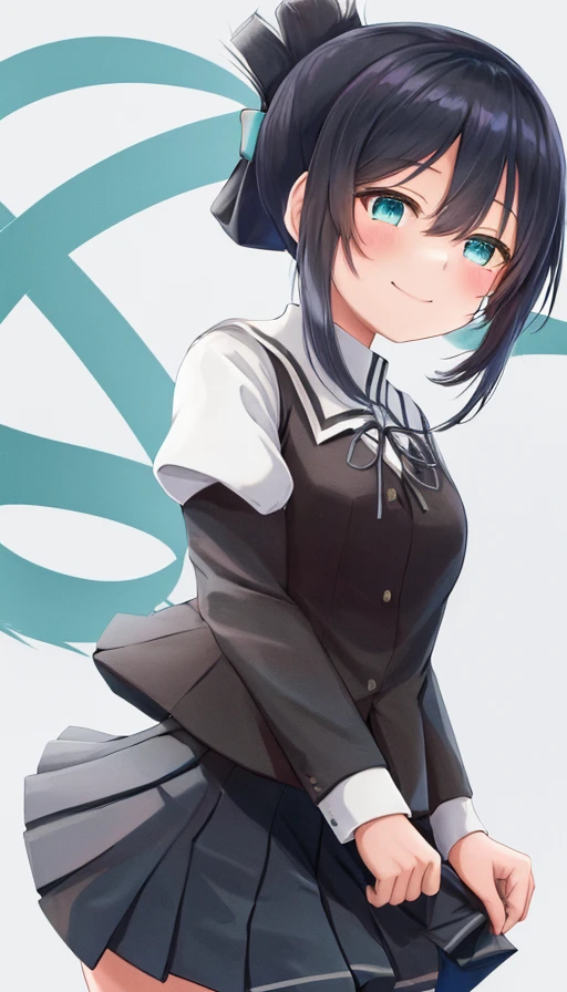 <lora:Washio_Sumi-10:1>,Washio Sumi,masterpiece, best quality, 1girl,solo,turquoise eyes,smile, black hair,folded ponytail, school uniform,pleated skirt, black skirt, long sleeves, ribbon, puffy sleeves, vest, blush, hair between eyes