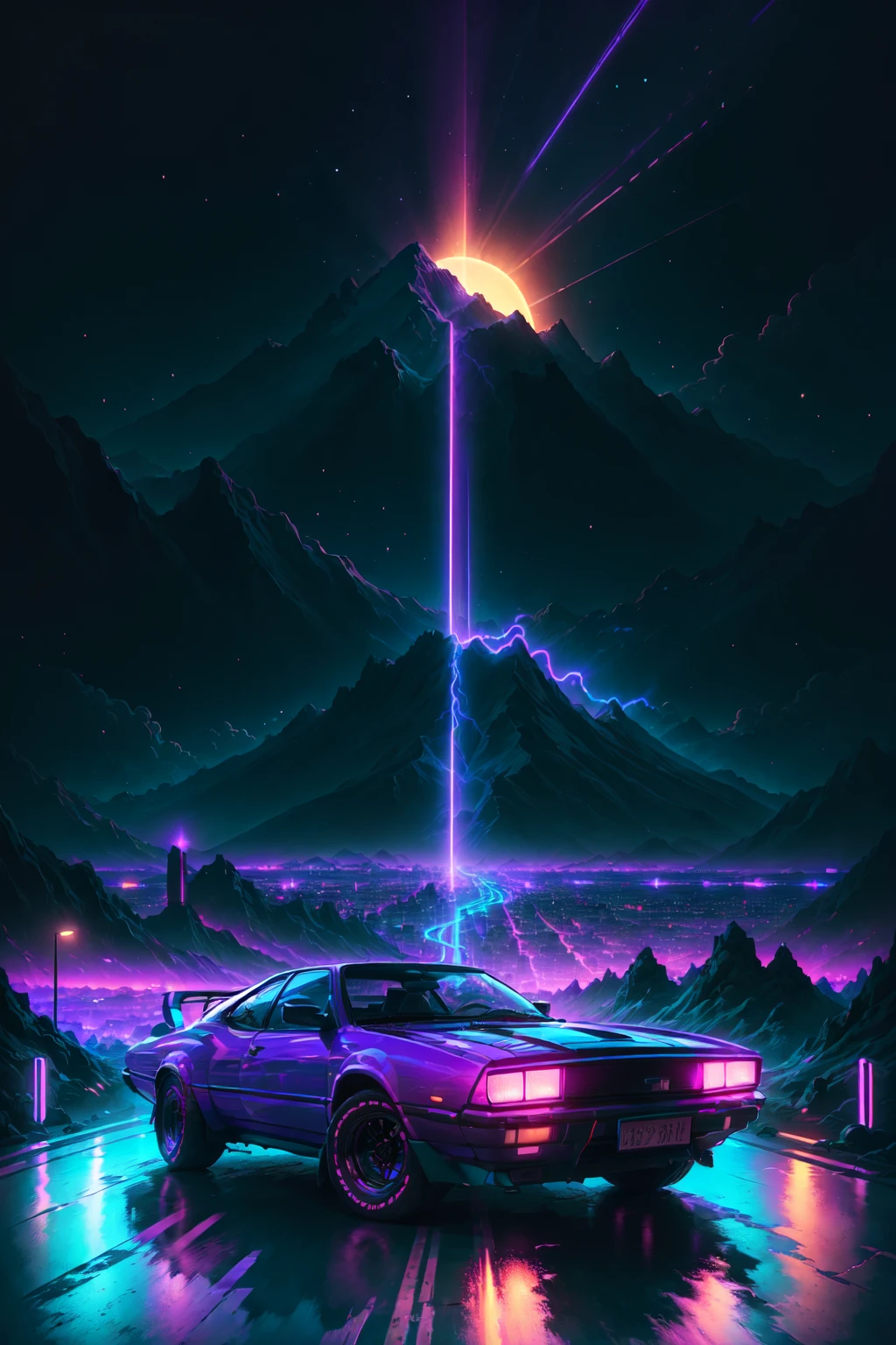 retrowave. city, car, road,  purple neon lights, sun, mountain, 
(masterpiece,detailed,highres), <lora:retrowave_0.12:0.8>