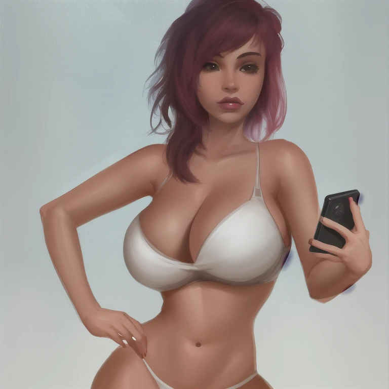 <lora:tambry-10:0.9>,tambry,1girl,holding phone,solo,large breasts, lips