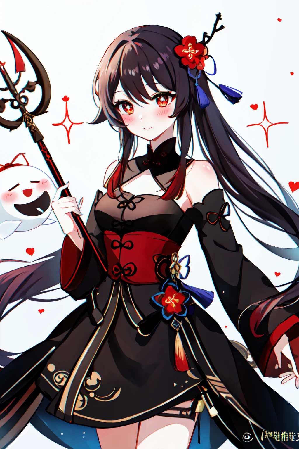 Highly detailed, High Quality, Masterpiece, beautiful, <lora:UnlimitedBladeWorksV0.3:0.8>, (Trident:1.2), 1girl, solo, hu tao (genshin impact), boo tao, flower-shaped pupils, red eyes:1.4, flower, <lora:Char_GenshinImpact_HuTao:0.7>, light smile, blush, sparkle,