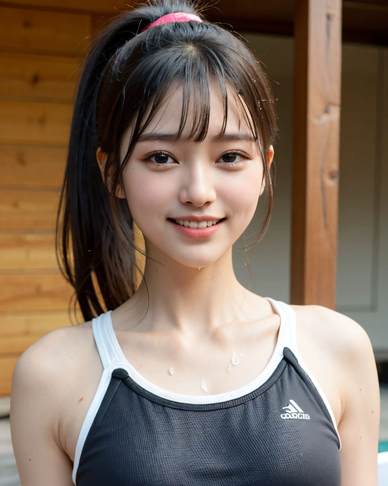 <lora:zyd232_ChineseGirl_v4_2:0.7> zydG, 1girl, detailed skin, looking at viewer, brown eyes, (ponytail with bangs:1.2), (large breasts:1.0), (large areolae:0.8), smile with white teeth,
(photorealistic:1.4), (best quality:1.0), (ultra highres:1.0), 8k, RAW photo, (masterpiece:0.2), (sportswear:1.4), (sweat, wet:1.1), portrait, face focus,
(pureerosface_v1:0.5)