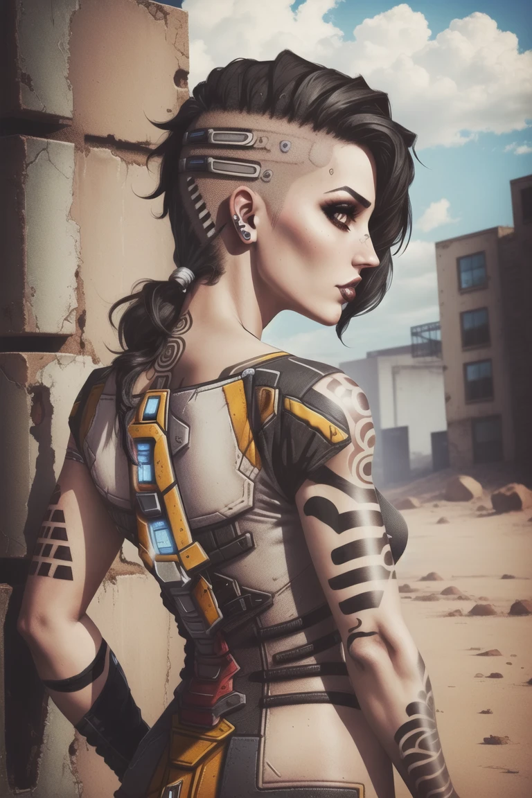 <lora:angel_(borderlands):0.8>, angel (borderlands), masterpiece, best quality, 1girl, solo, black hair, hair over one eye, tattoo, asymmetrical hair, makeup, undercut, lips, cowboy shot, arm tattoo, outdoors, profile,