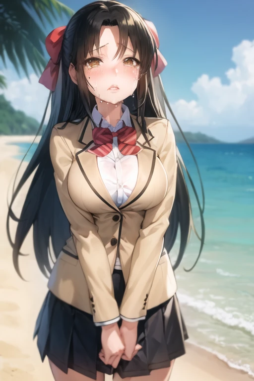 1girl, nana_chigusa, brown eyes, long hair, black hair, parted bangs, lips, mole under eye, bow, hair ribbon, school uniform, pleated skirt, blazer, crying, standing, beach <lora:nana_chigusa:1>