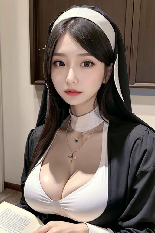 1girl , realistic, solo, <lora:koreanDollLikeness_v15:0.3>,<lora:taiwanDollLikeness_v10:0.2> ,  (masterpiece:1.2), best quality, <lora:nun_cos_v10-01:0.8>, nun, book, necklace, cleavage