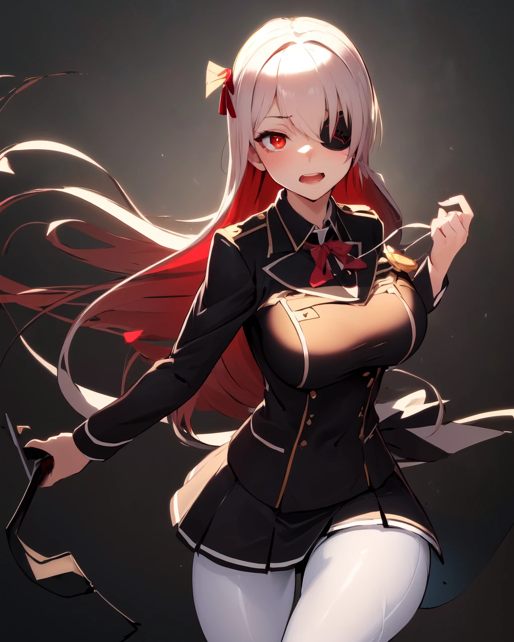 <lora:e7 Karin:0.8> e7 Karin wearing her uniform, red eyes, white hair, big boobs, white pantyhose, school skirt, black uniform, eye patch, red ribbons, <lora:GesugaoFaceV1:0.6> GESUGAO FACE, MADMAN,
(masterpiece), best quality, highres, 4k, 8k, Detailed Illustration, intricate detail, cinematic lighting, amazing quality, 1girl, fit female, amazing shading, soft lighting, facing camera, perfect eyes