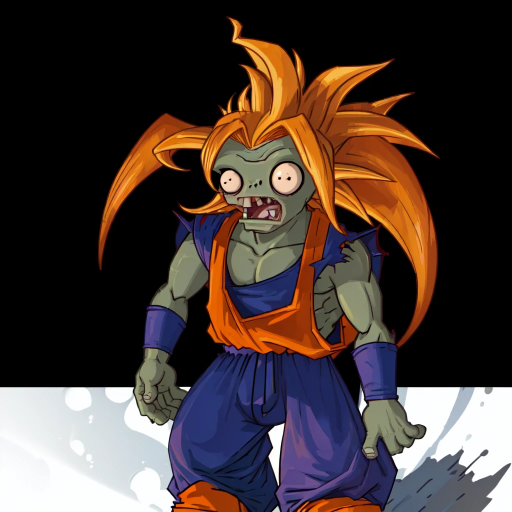 p vs.z\(Zob\), Son Goku /(cosplay/), mouth open, dragon ball Z, orange baggy pants, ripped blue shirt, parody, screaming, turning super saiyan, destruction, <lora:zobv0.5:1>