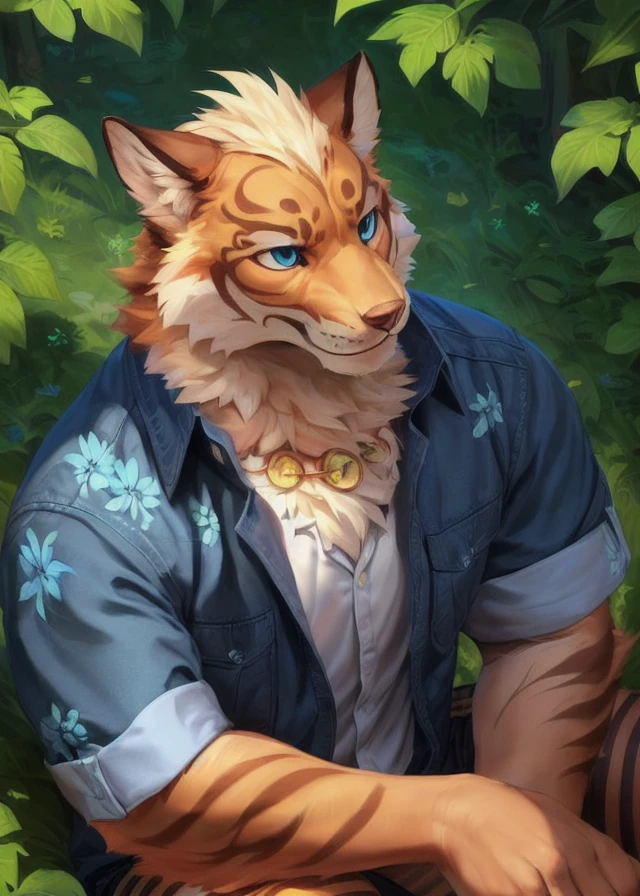 uploaded on e621, by Pixelsketcher, by Bayard Wu, by Thomas Benjamin Kennington , by Einshelm,
solo, with ((neck tuft)) and (fluffy tail) and ((clear navy blue eyes)), (( portrait)), BREAK,
((wear green and blue hawaii floral shirt)), (detailed Chunie feral fox), (detailed Bonifasko lighting), (detailed fur), (detailed skin), BREAK,
((sitting at community on full moon night)), (cinematic lighting), ((detailed background)), ((high-angle view)),
(((three-quarter view))), (half body shadow),
[backlighting], [crepuscular ray], [detailed ambient light], [gray natural lighting], [ambient light on the belly], (higher wildlife feral detail),
[realistic proportions], [explict content], [sharp focus], (questionable content), (shaded), ((masterpiece)), BREAK,  <lora:lin-hu-09:0.8>, lin hu,