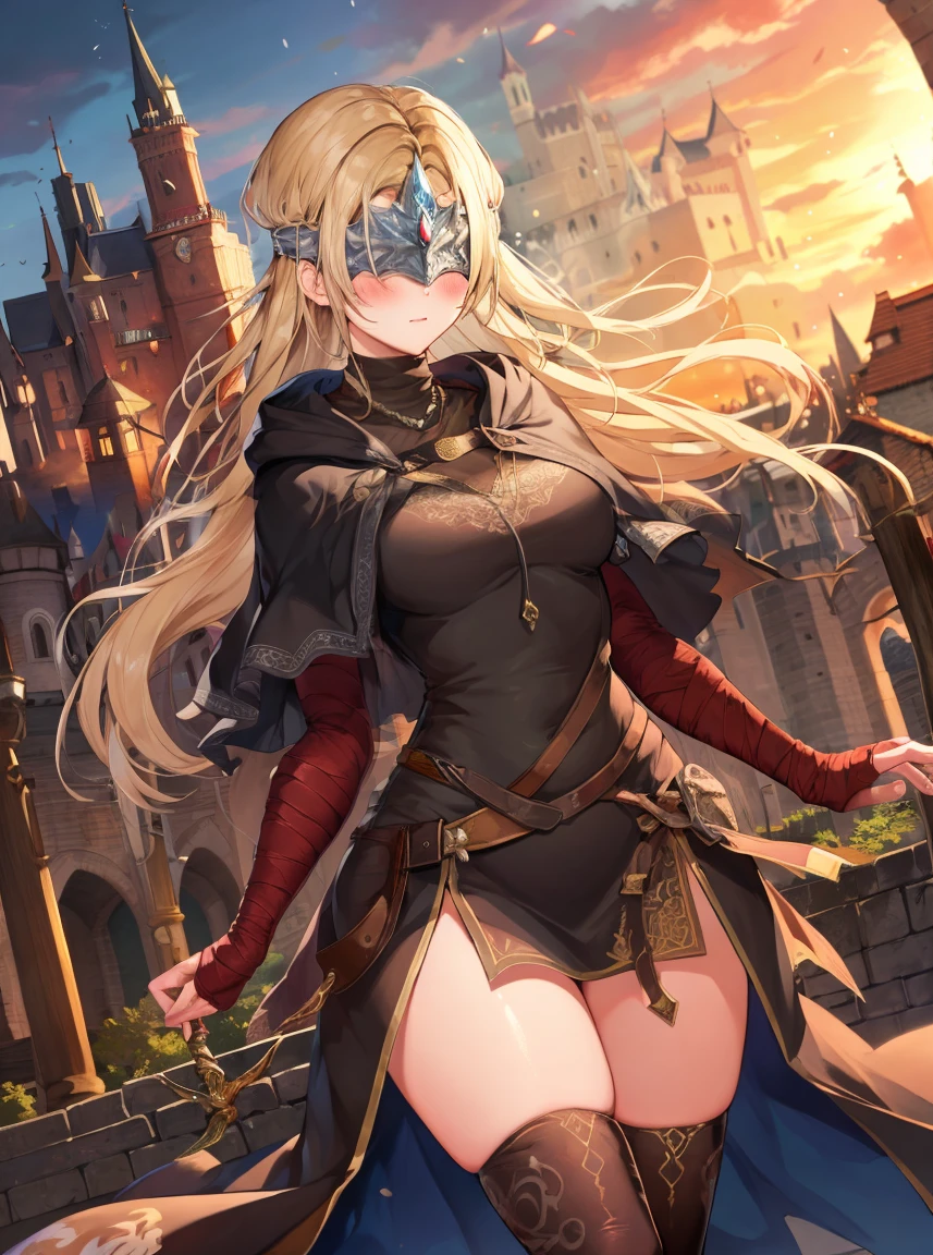 masterpiece, detailed, high quality, absurdres, blindfirekeeper, 1girl, covered eyes, eye mask, solo, blush, medium breasts, curvy, black dress, miniskirt, zettai ryouiki, bandaged arm, capelet, own hands together, castle,