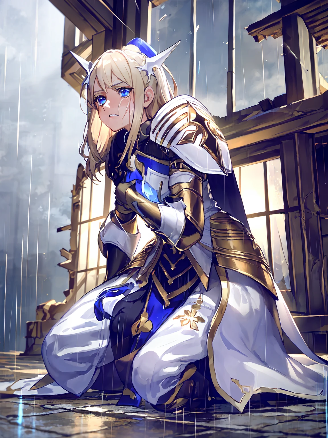 masterpiece,best quality,highres,1girl,<lora:ShadowverseHolySaberV4:0.8>,yellow eyes,alternative2,hair ornaments,white  armor,middle blue skirt,blue eyes,(rain:1.3),in ruins,collapsed Medieval architecture,monochrome,portrait,kneeling,sad,crying,looking at side,close-up,(depth of field:1.2),gradient background,despair