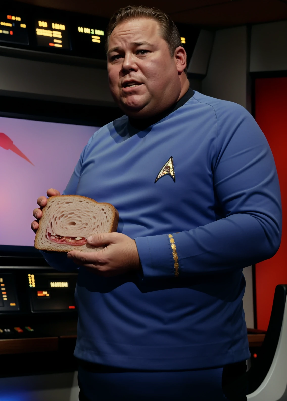 very fat man in a blue and black tosunfm uniform holding a sandwich,(on a spacecraft command room:1.2),RAW Photo, 8k uhd, dslr, soft lighting, high quality, film grain,masterpiece quality,Fujifilm XT3 <lora:TOSUITV11:0.8>