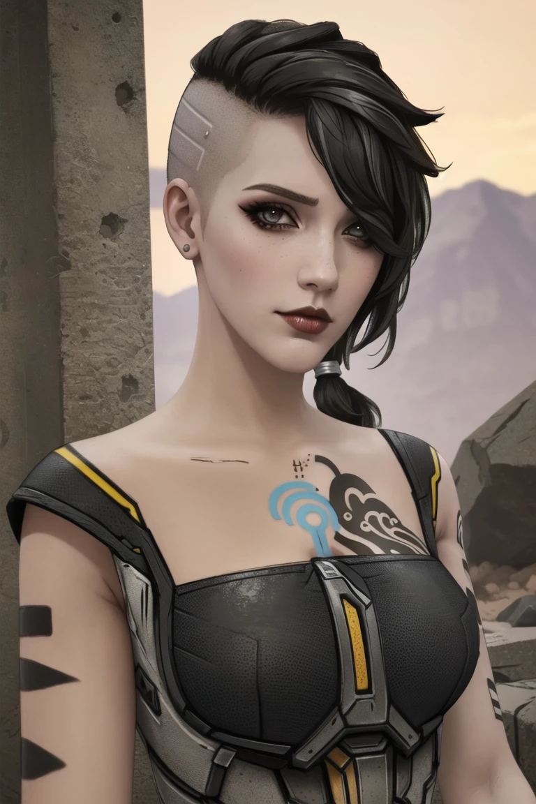 <lora:angel_(borderlands):0.8>, angel (borderlands), masterpiece, best quality, 1girl, solo, black hair, hair over one eye, tattoo, asymmetrical hair, makeup, undercut, lips, upper body, arm tattoo, outdoors,