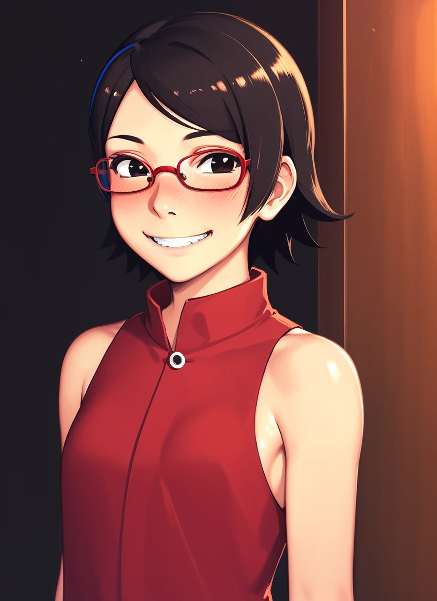 masterpiece, highest quality, best quality, 1girl, solo, looking at viewer,
uchiha sarada, bare shoulders, black eyes, black hair, blush, red framed glasses, short hair,  <lora:my_UchihaSarada_v2:0.5> 
lozhkin, grin, accurate teeth with gaps <lora:lozhkin_V1:0.45>