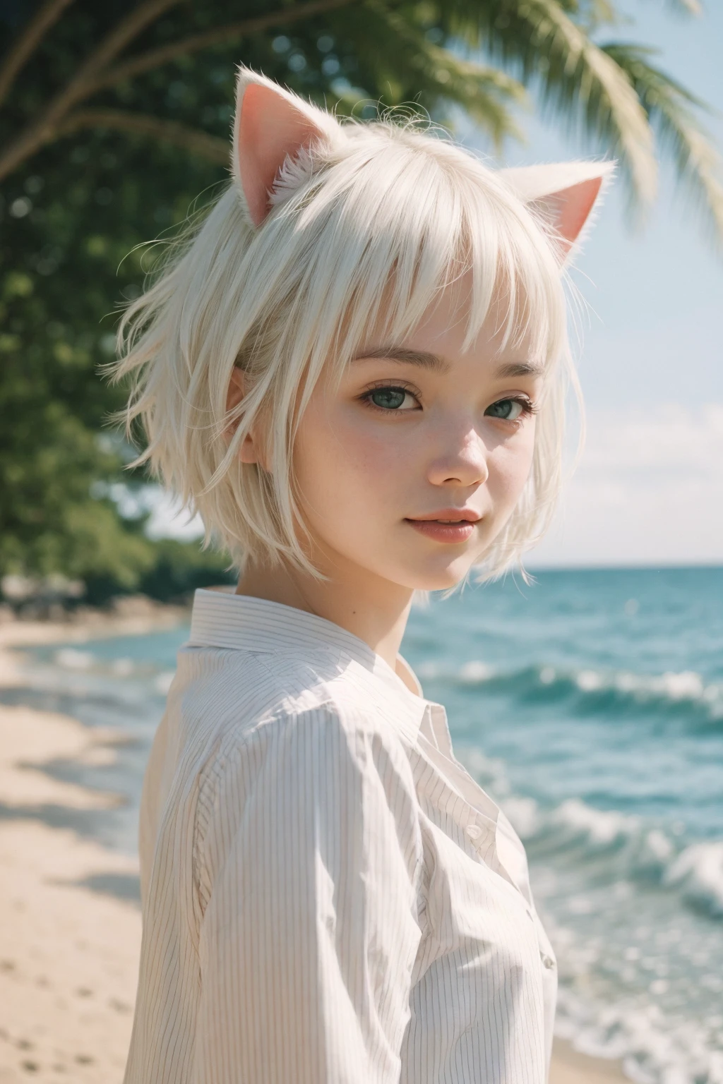 Coastal beauty, 1girl in a charming nautical outfit, (fluffy cat ears, short white hair), striped shirt, (bright eyes, sun-kissed skin, carefree expression), sandy beach background, lighthouse, gentle sea breeze, playful pose, dynamic composition, golden hour lighting, blurred background, rich colors, fine details, hyperrealistic, 50mm lens, relaxed atmosphere. portrait photography, 35mm film, natural blurry