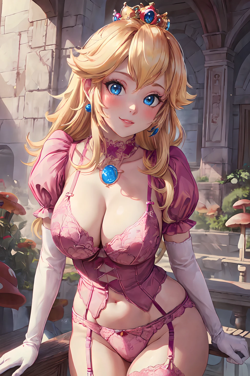 (masterpiece, best quality, highres:1.4), absurdres, 1girl,HUGE breast, star eye, (princess peach), blush, (realistic:1.5), blue eyes, happy, BREAK,cute girl,white arm glove, 
cowboy shot,perfect illumination, distinct,  looking at viewer, sidelighting, perfect face, detailed face, bangs, perfect body, beautiful eyes, pretty face, bright skin, idol,
beautiful castle, <lora:peach:0.5>  <lora:add_detail:0.4>, sexyqun001 <lora:sexyneiyi_v2:0.6> pink lingerie, pink garter straps, lace,
lots of mushrooms BACKGROUND,