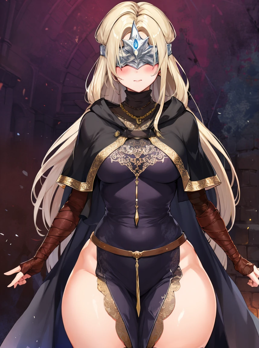 masterpiece, detailed, high quality, absurdres, blindfirekeeper, 1girl, solo, blush, medium breasts, curvy, wide hips, black dress, black capelet, bandaged arm, cowboy shot,