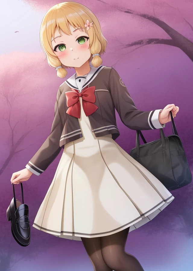 <lora:Inubozaki_Itsuki-10:0.7>,Inubozaki_Itsuki, 1girl, solo,short hair, skirt,green eyes,blonde hair,hair ornament, long sleeves,dress, bow,school uniform,flower, pantyhose, shoes, hairclip, hair flower, bowtie, black footwear, red bow, loafers, red bowtie, white pantyhose, arms at sides, pleated dress