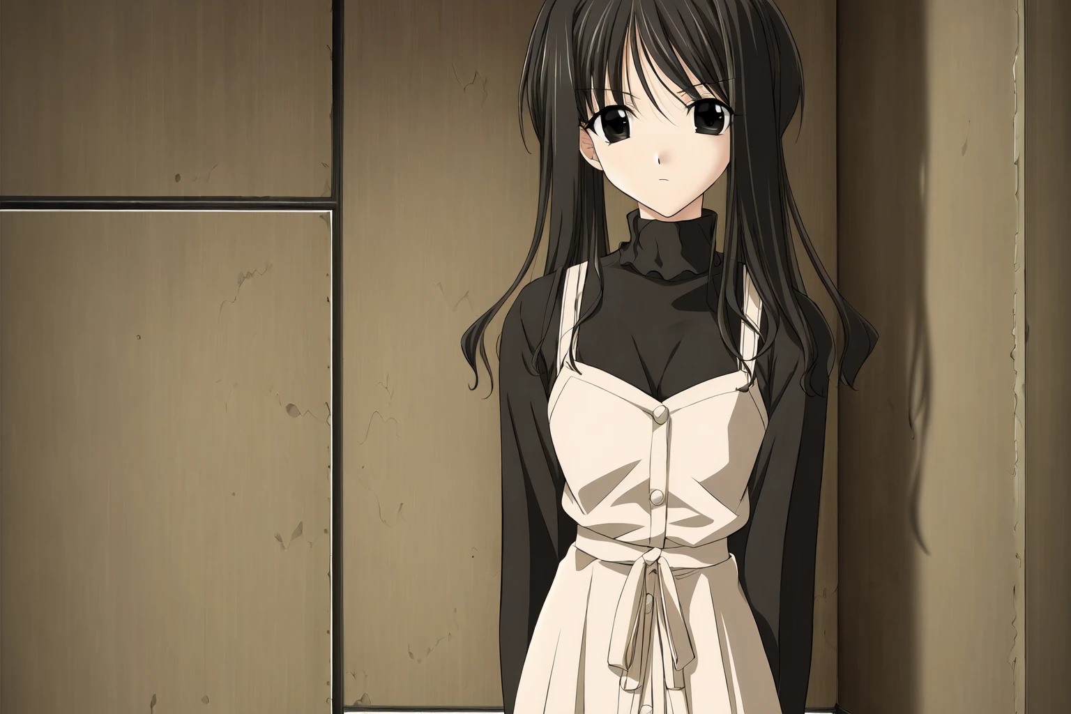 minami tsubame,turtleneck,masterpiece, best quality,black eyes,arms arms behind back,