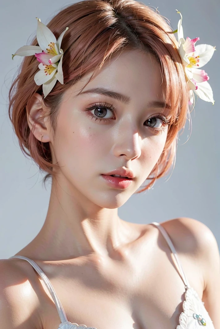 high quality,masterpiece,extremely detailed,high res,4k,ultra high res,detailed shadow,ultra realistic,realistic,dramatic lighting,1girl,solo,detailed face,realistic eyes,realistic skin,pink hair,dynamic pose, dynamic angle, white flowery dress, short hair cut,brown eyes,white background