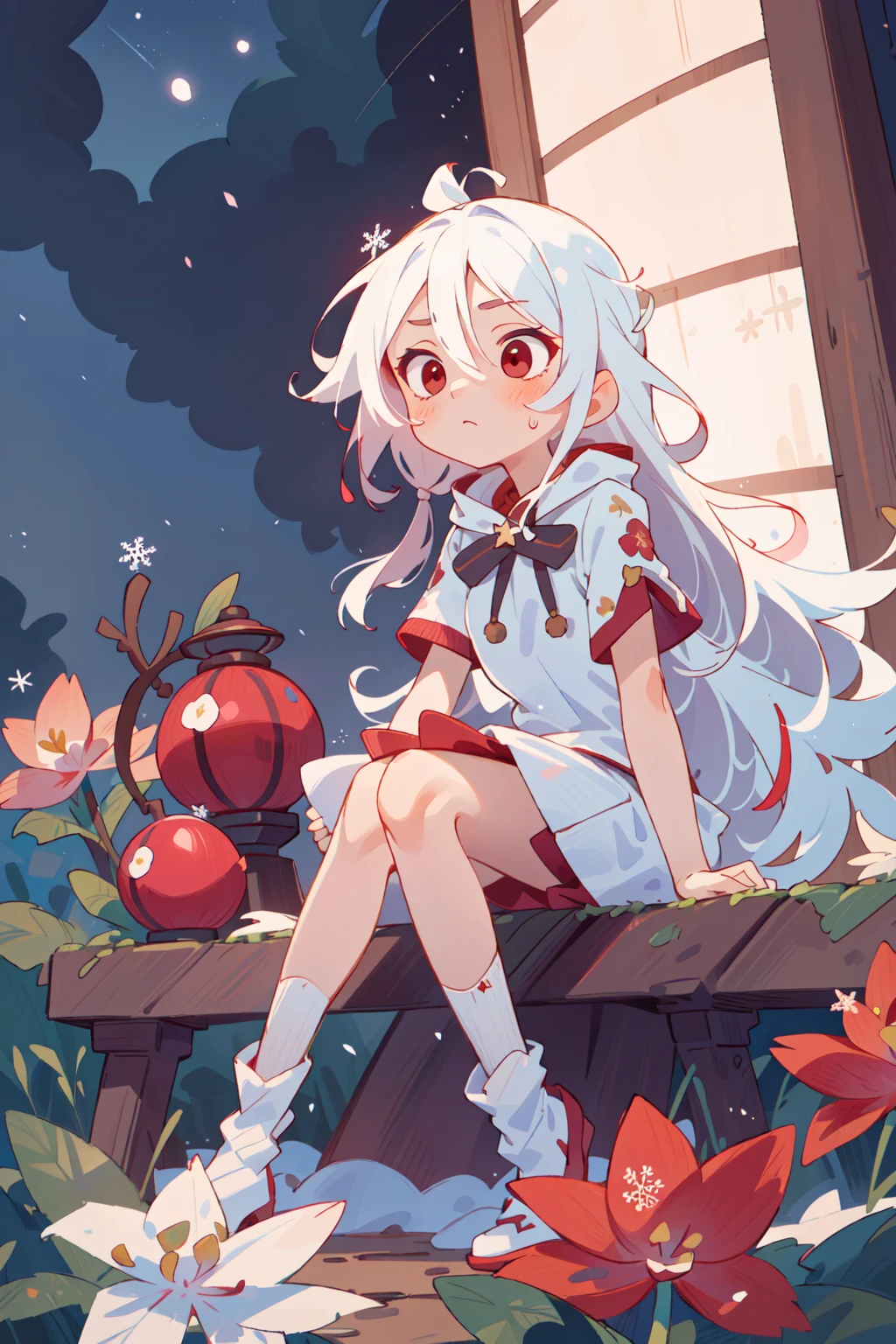 (((masterpiece))), (((best quality))), ((ultra-detailed)), (illustration),beautiful detailed sky ,night,stars,(1girl)((an extremely delicate and beautiful girl)),red eyes,dramatic angle,small breasts,(((full body))),hood,cold face and white shirt,(((long white hair))),(red hair),(red plum blossom),((winter)),(((snowflakes))){{{{{{detailed cute anime face}}}}}},cinmatic lighting,((red and white flowers)),hairs between eyes, expressionless, young girl,(((Facing the lens))),(starry sky),((Beautiful face)),((full body)),(sitting),depth_of_field,((colorful)),scenery,hair_flower,lantern,christmas,(starfall)