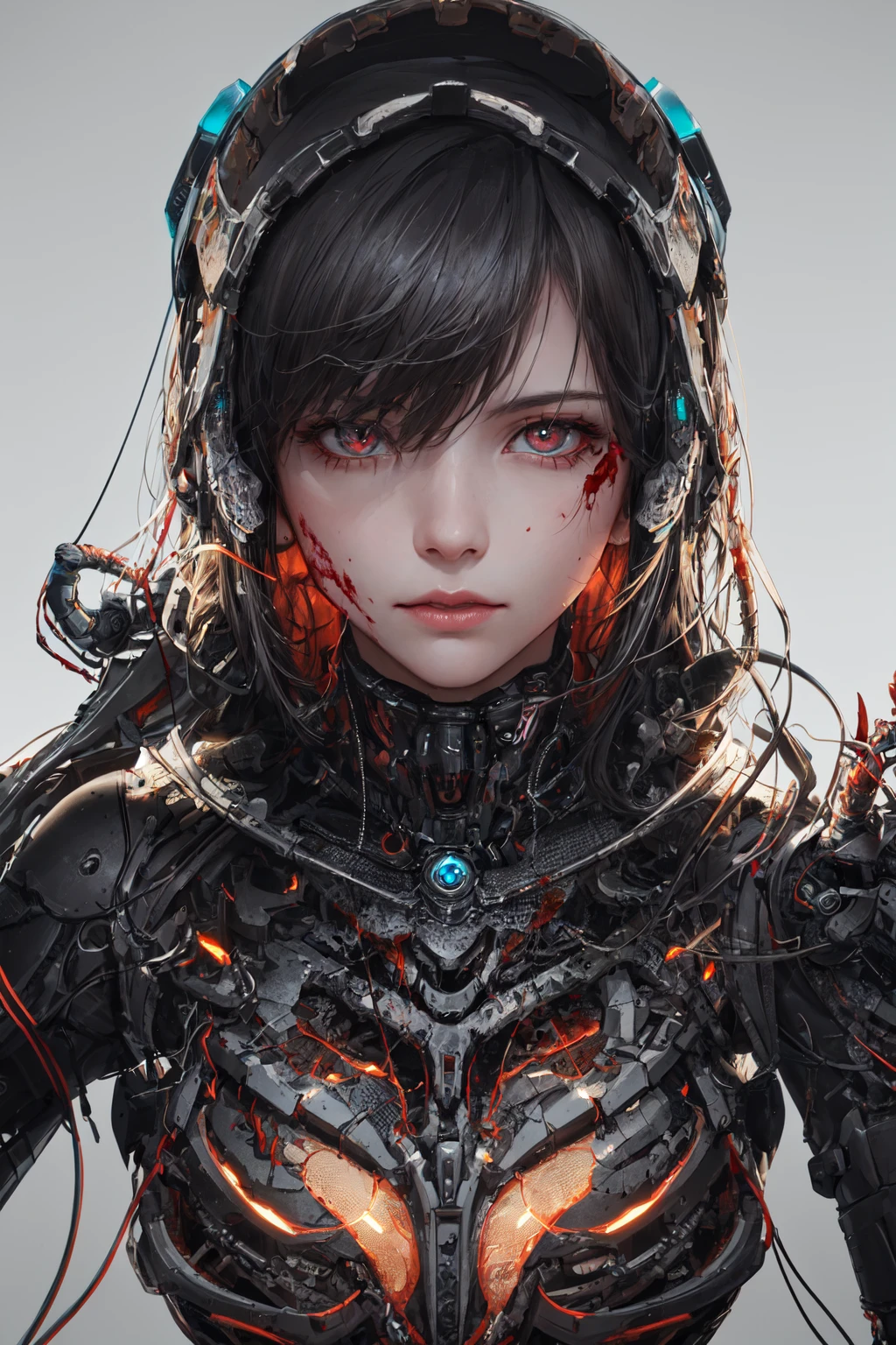 1mechanical girl,((ultra realistic details)), portrait, detailed face,global illumination, shadows, octane render, 8k, ultra sharp,metal,intricate, ornaments detailed, cold colors, egypician detail, highly intricate details, realistic light, trending on cgsociety, glowing eyes, facing camera, neon details, machanical limbs,blood vessels connected to tubes,mechanical cervial attaching to neck,wires and cables connecting to head,blood,killing machine