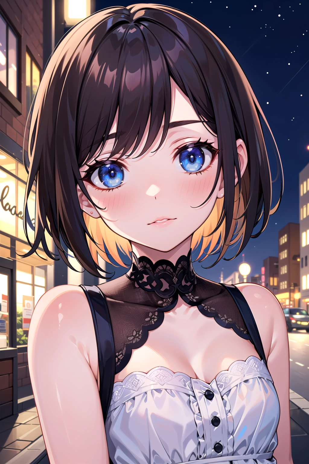 (masterpiece, best quality, high quality, highres), 1girl, extremely beautiful detailed face, short hair, brown hair, blue eyes, flat chest, dress, outdoors, street, night, close-up, depth of field, best shadow,